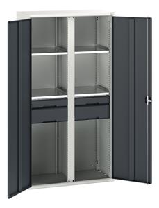 Verso partitioned cupboard with 4 shelves, 4 drawers. WxDxH: 1050x550x2000mm. RAL 7035/5010 or selected Bott Verso Basic Tool Cupboards Cupboard with shelves